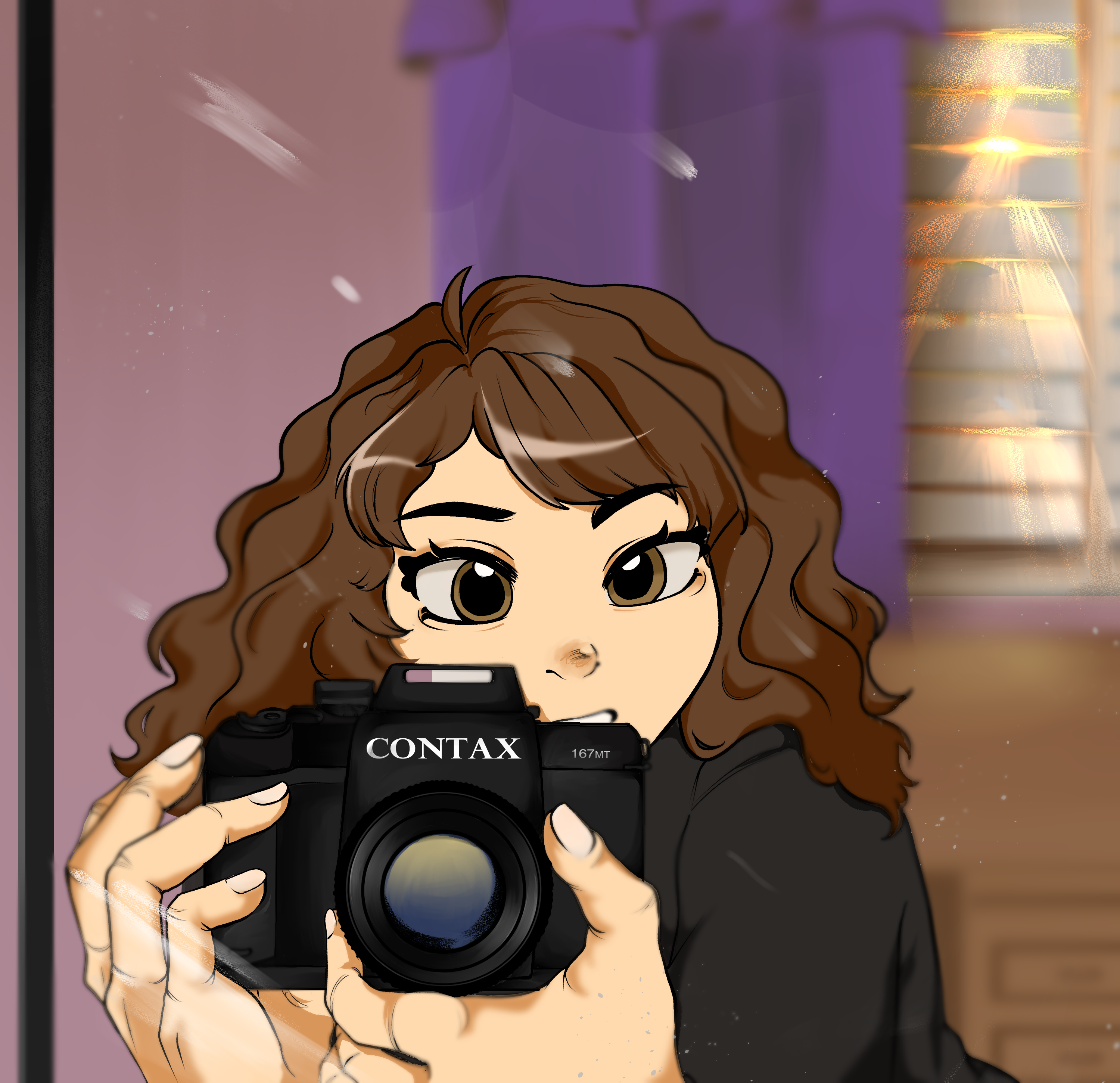 A daring shy adventurous-minded teen girl taking a mirrored self-portrait of herself with a 1987 camera