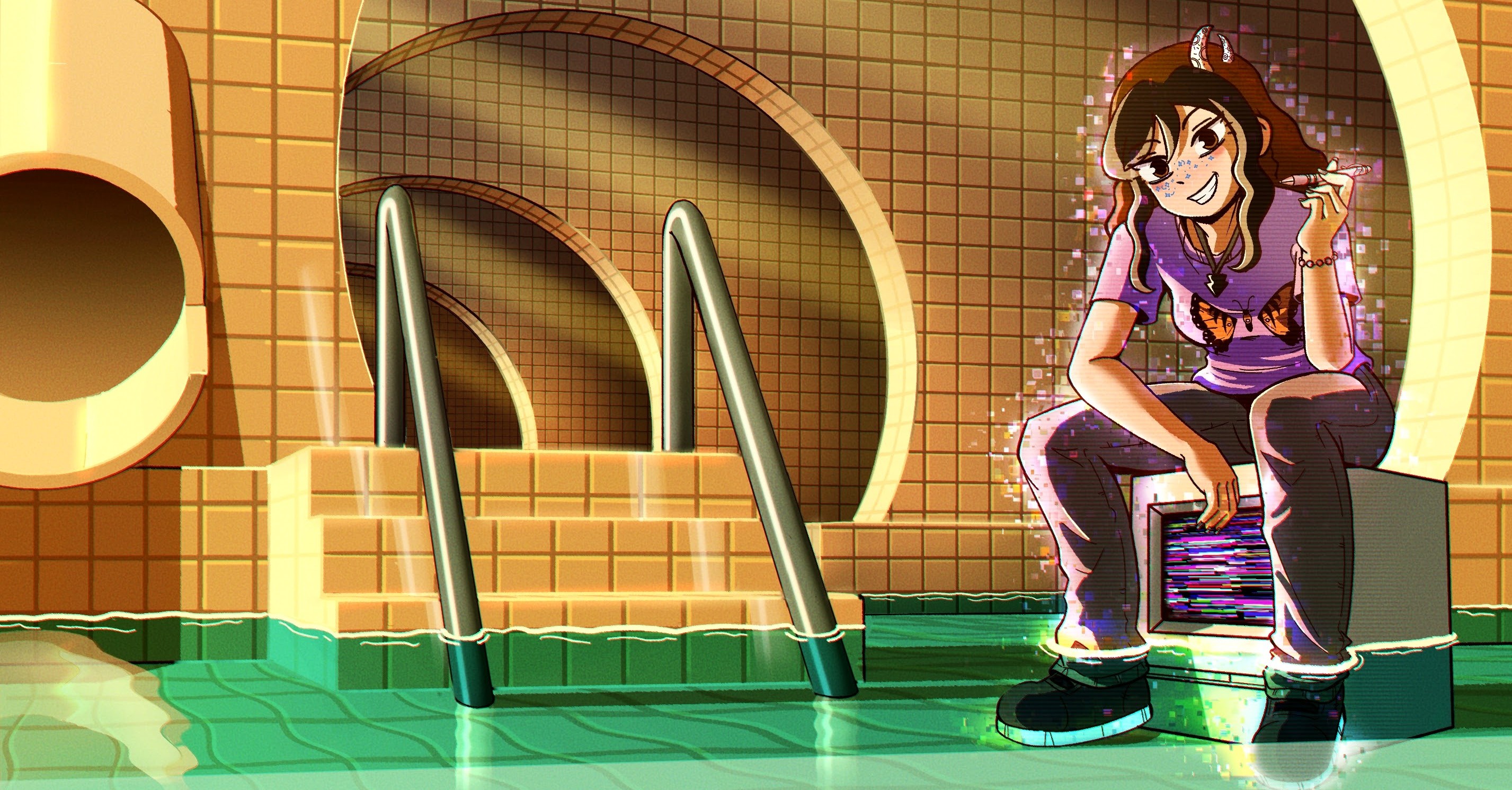 Kja sitting on a random glitching old computer in the shallow waters of a golden liminal pool room