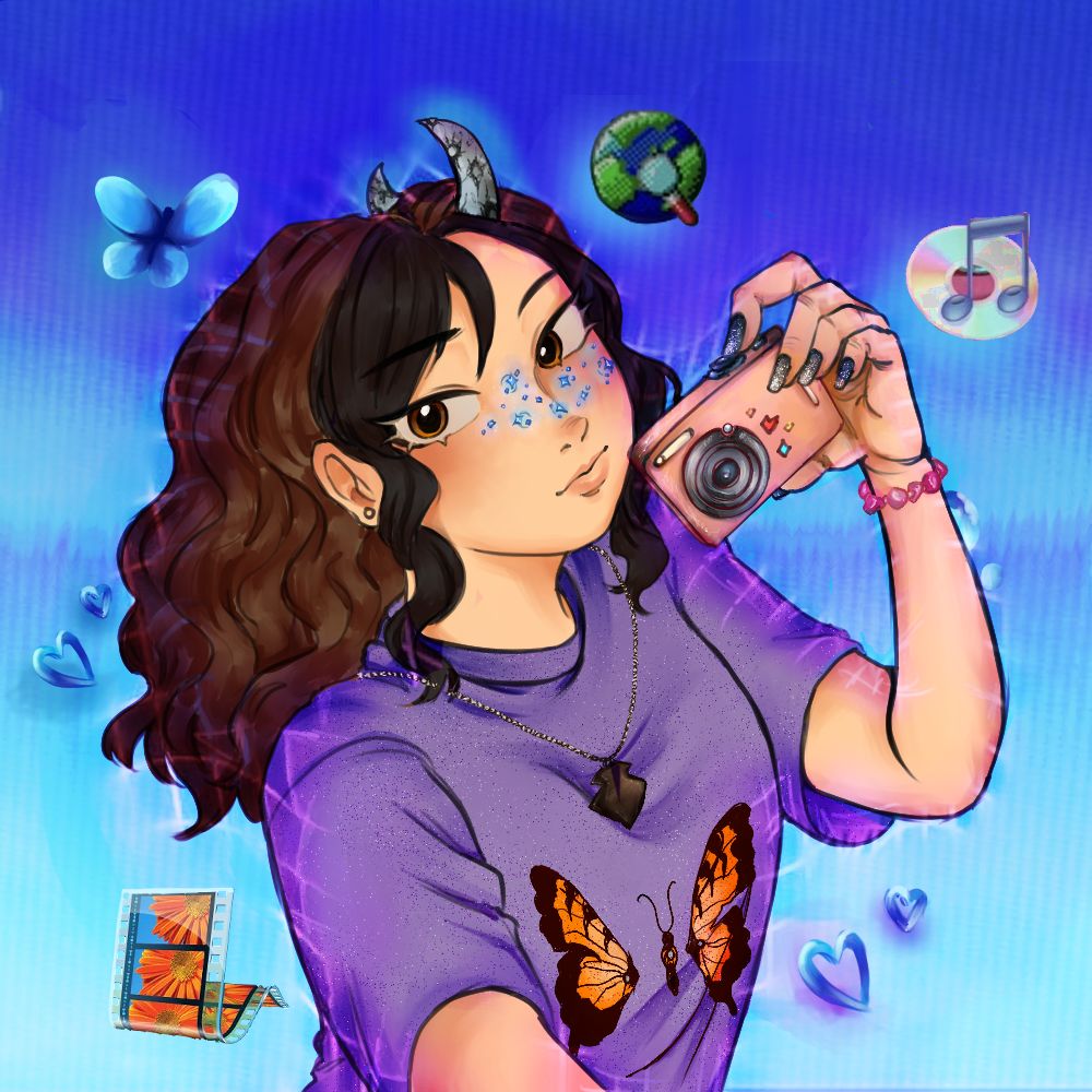 Kja, a hologram character in a hip pose donning early 2000s fashion with a classic point and shoot camera